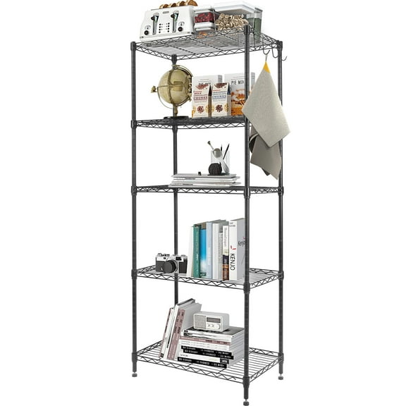 5 Tier Wire Shelving Metal Rack Adjustable Unit Storage Shelves for Laundry Bathroom Kitchen Pantry Closet, 24"Lx14.17"Wx33.46"H, Black