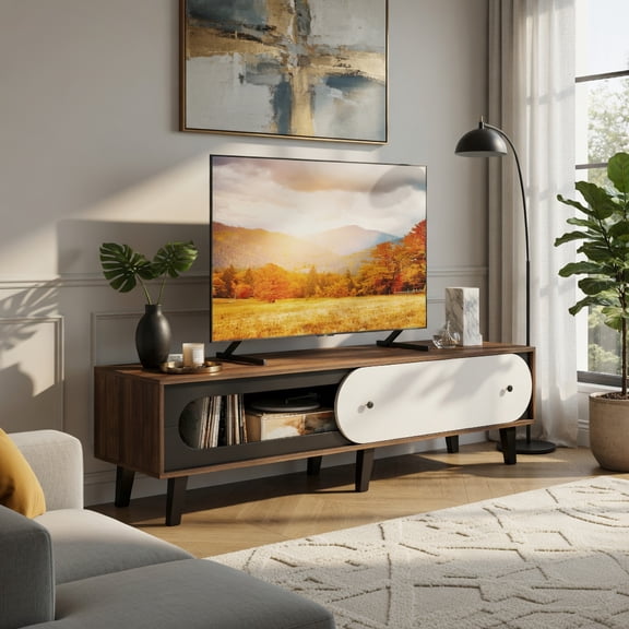 Demi Bonn TV Stand for 80 Inch TVs Mid Century Modern Entertainment Center with Sliding Door Cabinet, Wooden Media Console with Storage, Walnut