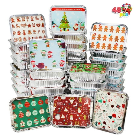 Joyfy 48 Pcs Christmas Cookie Tins with Lids for Gift Giving Rectangular Treat Foil Containers Disposable Food Storage Pan for Holiday Leftovers Goodie Container or Cookie Exchange