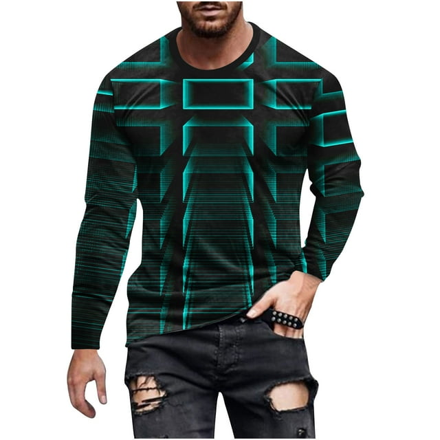 Blusas y camisas de manga larga con cuello redondo para hombre, blusa informal de manga larga con cuello redondo y estampado de rayas, blusa de poliéster para hombre