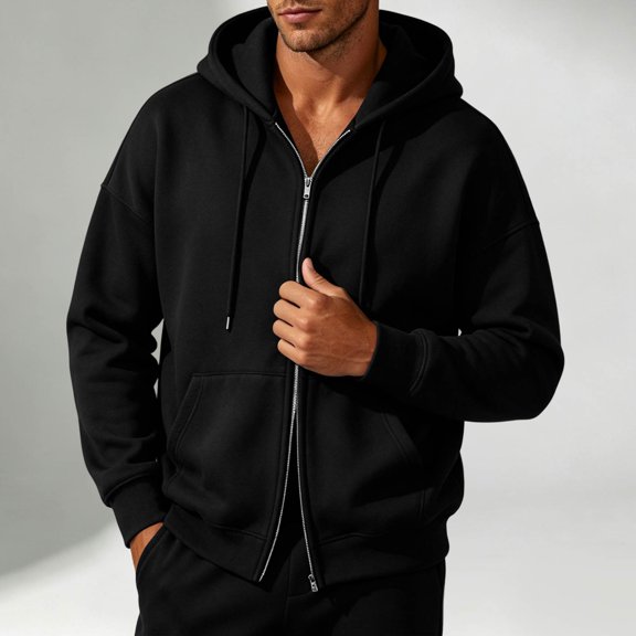 Hoodies For Men Full Zip Up With Pocket Sweatshirt Double Zipper Long Sleeve Solid Casual Drawstring Jacket For Fall Winter