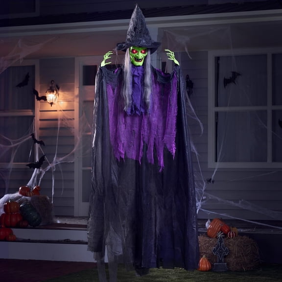 Woveruco 72” Halloween Hanging Witch Decorations Outdoor, Flying Talking Ghost Decor Light Up Eyes Sound Activated, Outside Indoor Haunted House Prop for Lawn Yard Garden, Purple