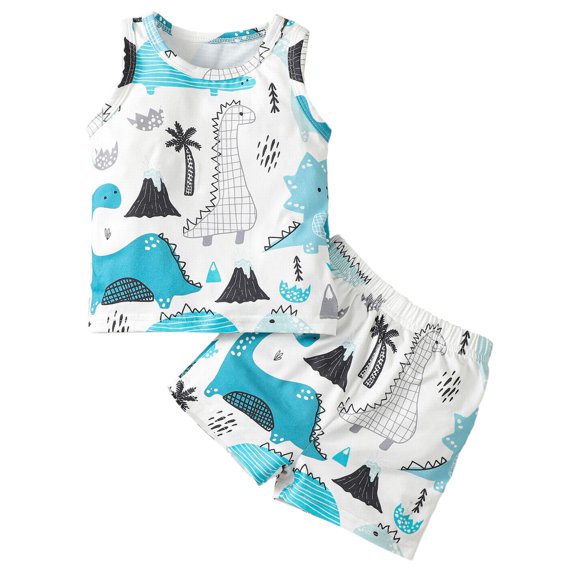 LNMQLPDBS Cute Summer Sets Sleeveless Cartoon Dinosaur Pattern Printed Tank Top Elastic Waist Shorts 2pcs Outfits Soft Cute Clothes for Unisex Preschool Kids Newborn Boy Sets White 6-9 Months