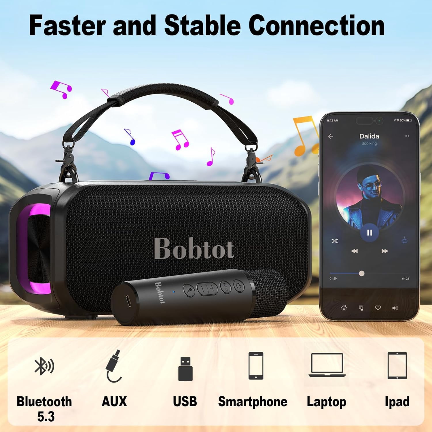 Bobtot Portable Bluetooth Speaker with Wireless Microphones IPX6 Waterproof Karaoke Machine Home Speaker System for Adults Kids Home & Outdoor Party with Handle and RGB
