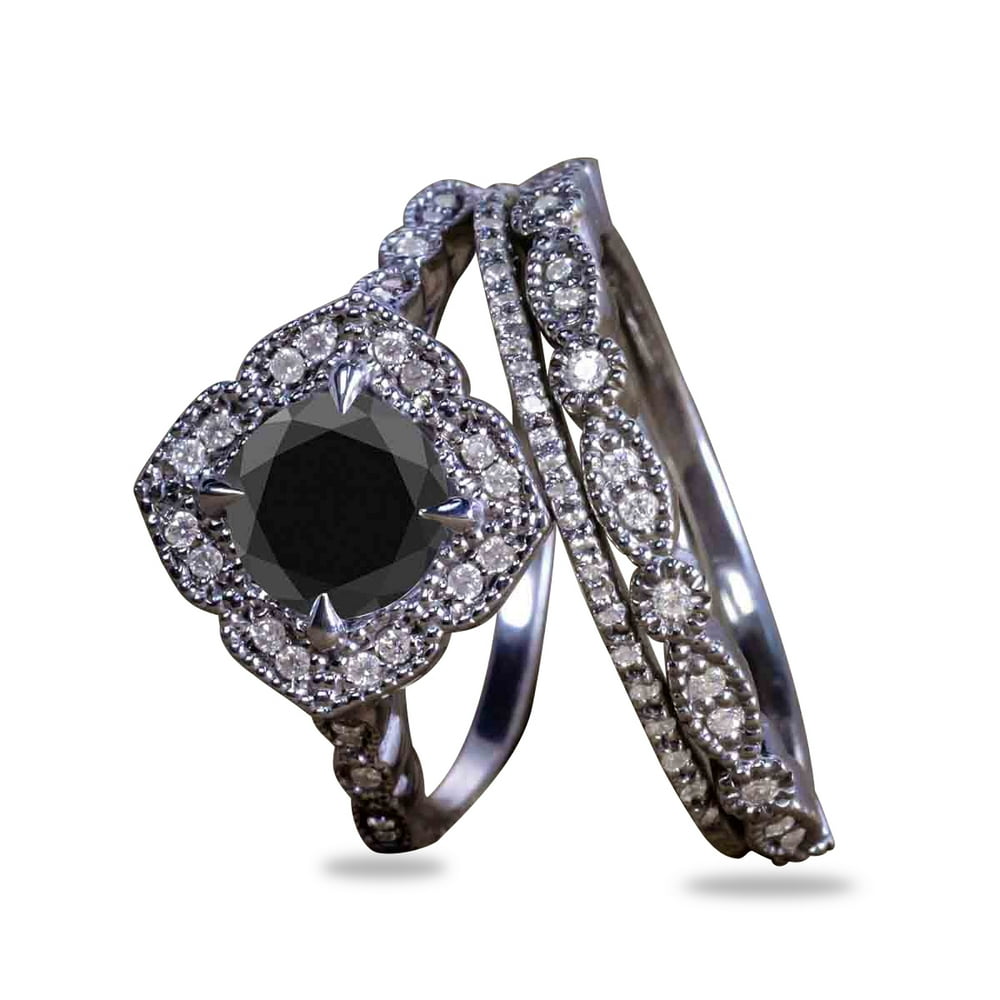 JeenMata 2 Carat Round Gothic Black Diamond 3pcs Bridal Ring Set