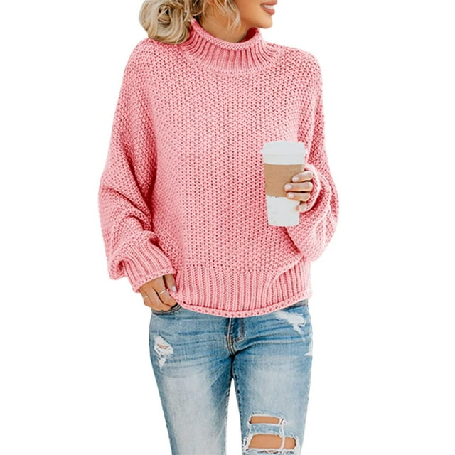 Jersey Saodimallsu para mujer, cuello alto, extragrande, de punto, rosa