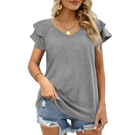 New women's summer new solid color V-neck double ruffled sleeve loose top T-shirt