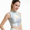 thumbnail image 3 of SWSMCLT Women's Metallic Shirt Soft Stretch Workout Crop Tank Top High Neck Fitted Fashion Dance Halter Sleeveless Cropped Top Light Blue X-Small, 3 of 4