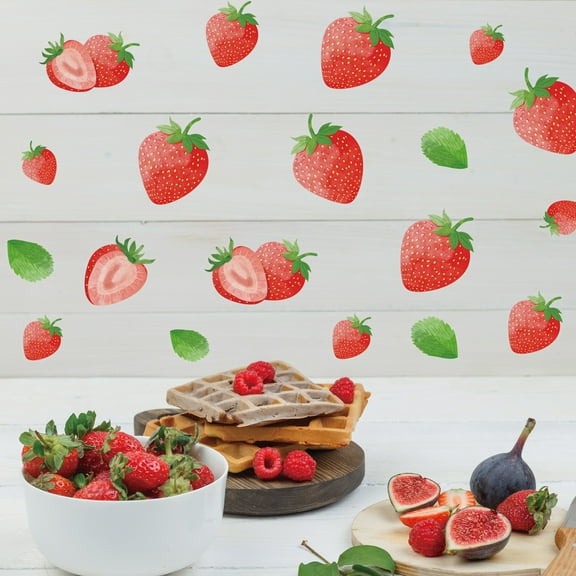 51 Pcs Strawberry Decals Fruit Wall Stickers Vinyl Peel and Stick Wall DIY Decor for Kitchen Cabinet Window Restaurant Dining Room Cafe Kids Bedroom Nursery Decor