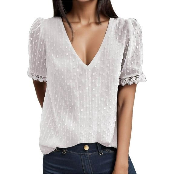 Riforla Elegant Women Casual Plain Short Sleeve V Neck Lace T-Shirt Blouse Tops Jacquard T-Shirt Top Summer Tops for Women White_001 XXL