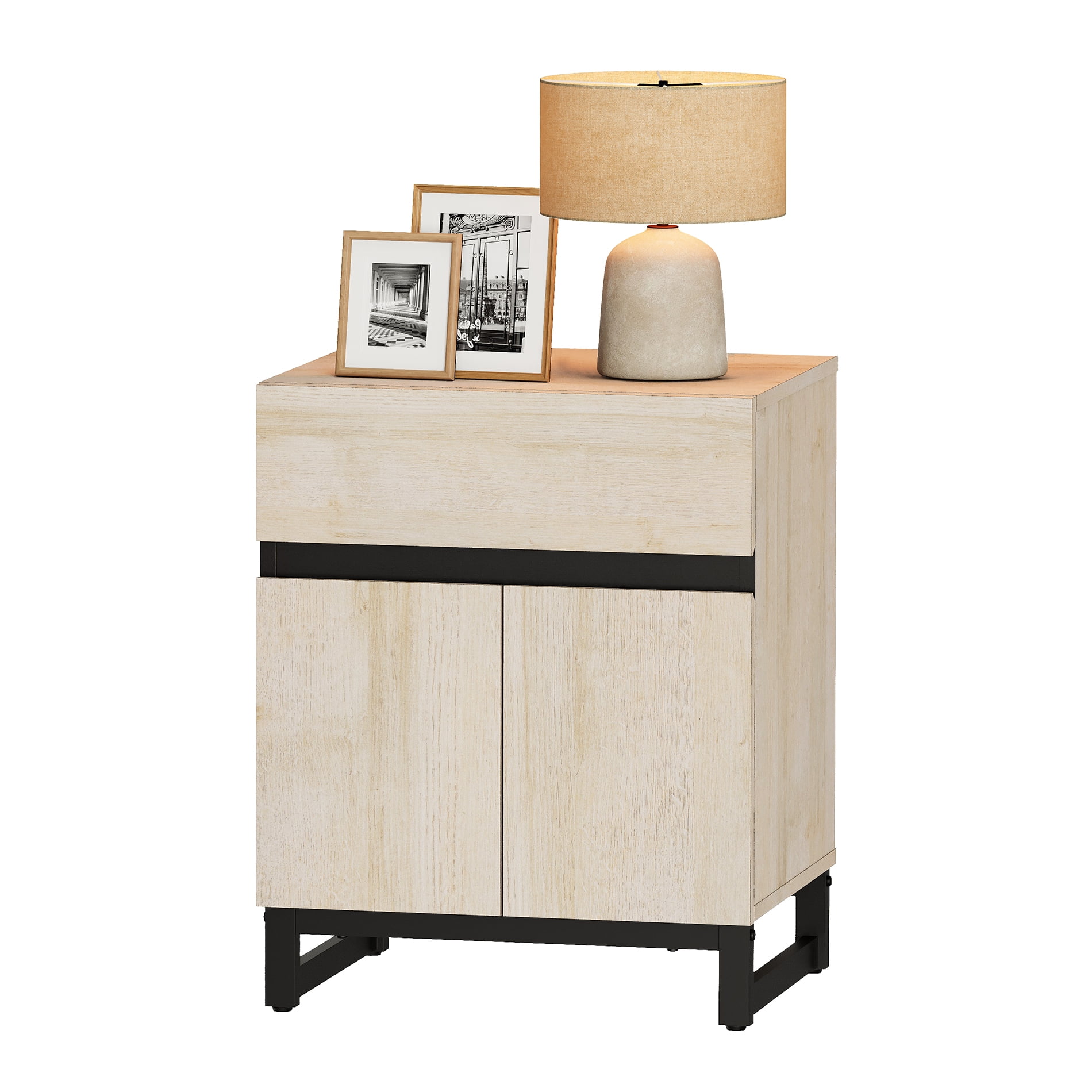 WAMPAT Nightstand with 1 Drawer and 1 Storage Cabinet, Modern Bedside Table with 2 Open Door for Bedroom, Wood Rustic Side End Table for Living Room, Light Oak
