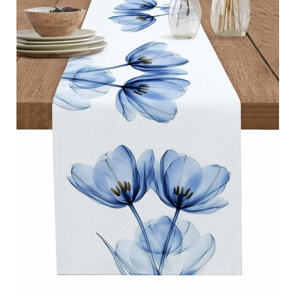 Light Blue Tulip Table Runner 48 Inches, Farmhouse Abstract Elegant Flowers Bed Runner Dresser Scarves Tabletop for Indoor Outdoor Parties/Ceremony/Banquet, 13" x 48"