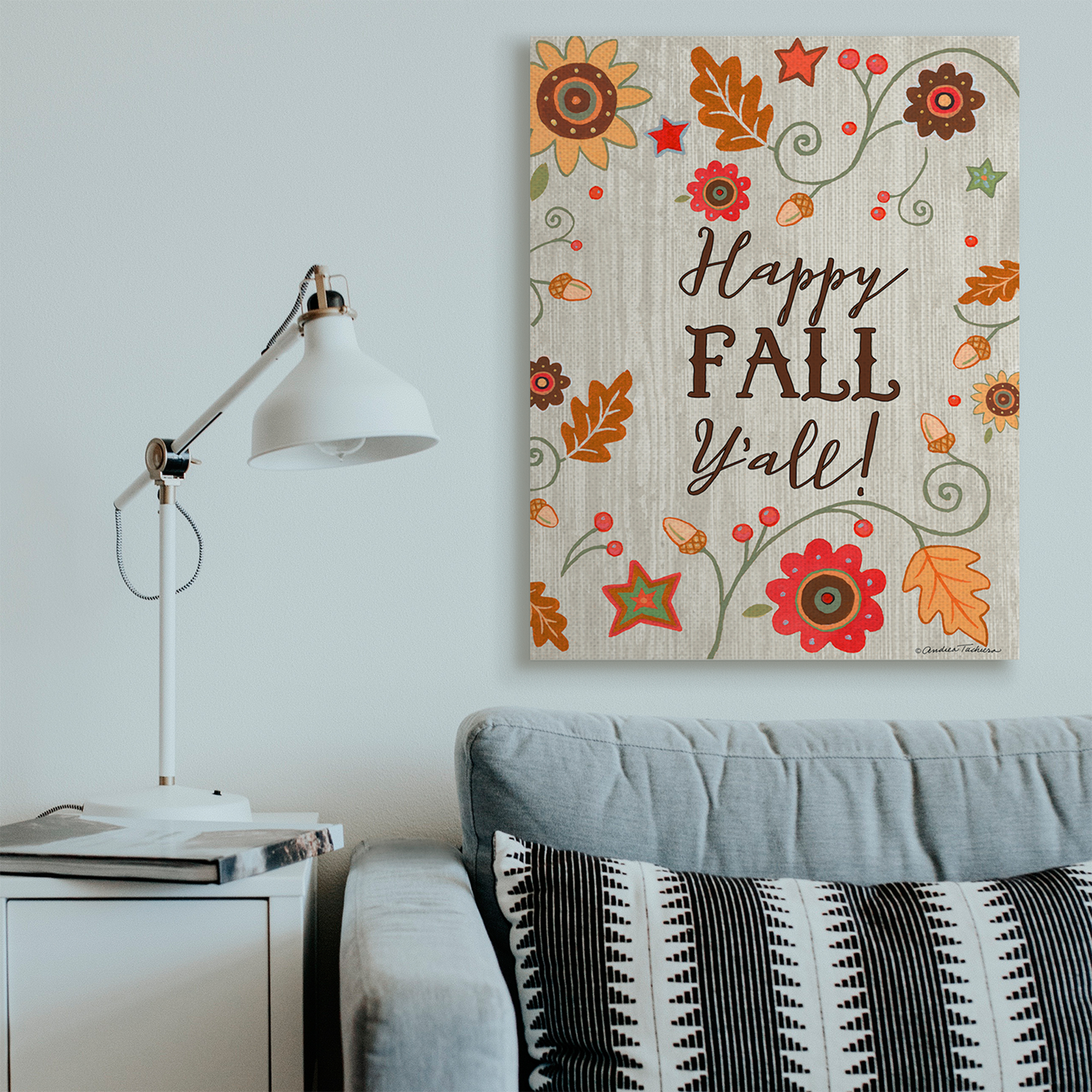 Stupell Industries Happy Fall Y'all Phrase Autumn County Border Landscape Painting Gallery Wrapped Canvas Art Print Wall Art, 36 x 48