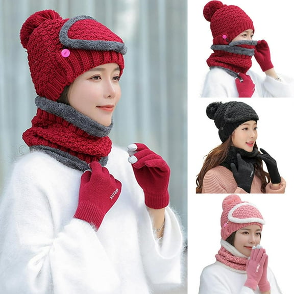 D-GROEE Four-Piece Womens Slouchy Beanie Winter Hat Knit Warm Snow Ski Skull Cap Outdoor Hat Cap Face Cover Bib Gloves Neckerchief Set
