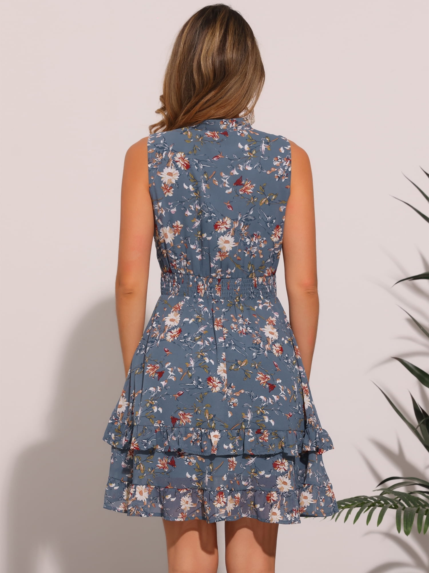 DARING DIVA Women's Floral Chiffon Smocked Mini Sleeveless A-Line Dress XS Gray Blue Flower