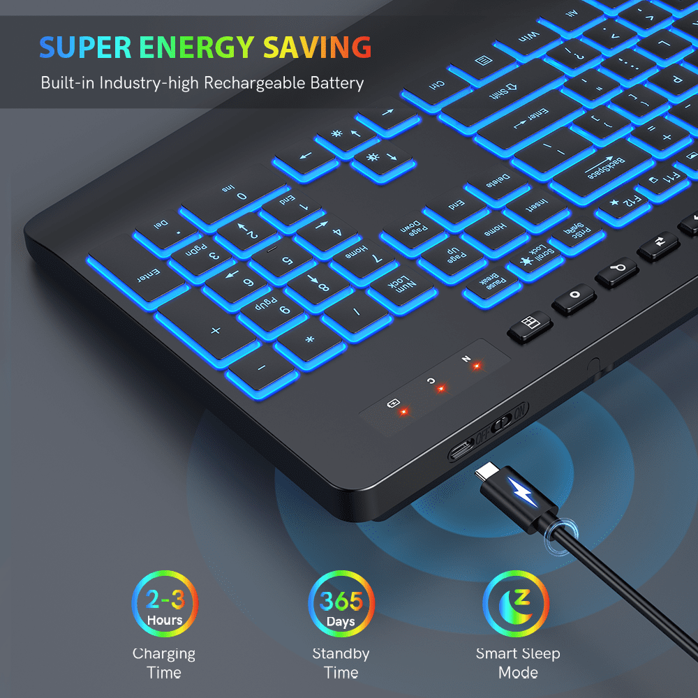 Wagpak Wireless Keyboard 7 Color Backlit Wrist Rest Rechargeable 112 Keys Quiet Keyboard