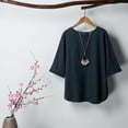 thumbnail image 3 of Blusa de lino de algodón de verano vintage para mujer de color sólido con cuello en O media man CACAGOO Blusa de lino de algodón, 3 of 7