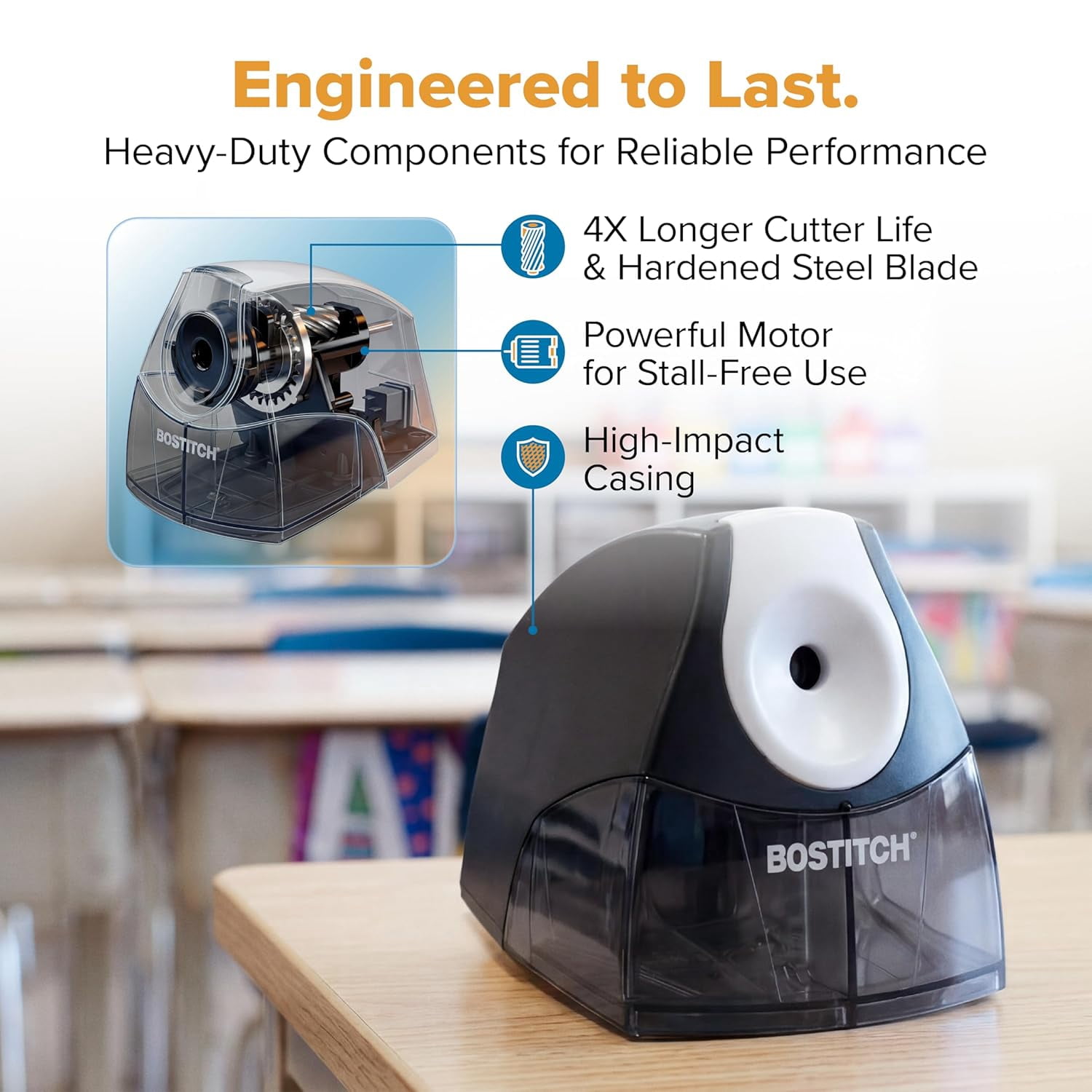 Office Electric Pencil Sharpener for Classroom & Desk Use, Heavy-Duty Stall-Free Motor, High-Capacity Shavings Tray, Black