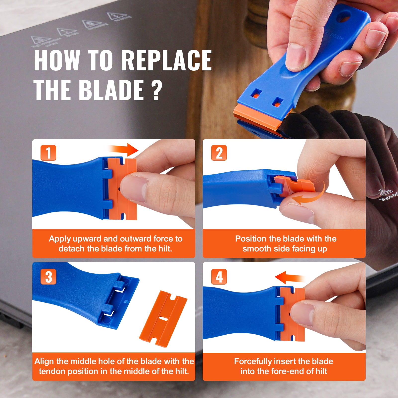 KFFKFF Plastic Blade Scraper Set, Includes 2 Scrapers & 120 Plastic Blades, Ideal for Removing Stickers, Decals, and Paint from Glass & Cars Without Leaving Scratches, Blue