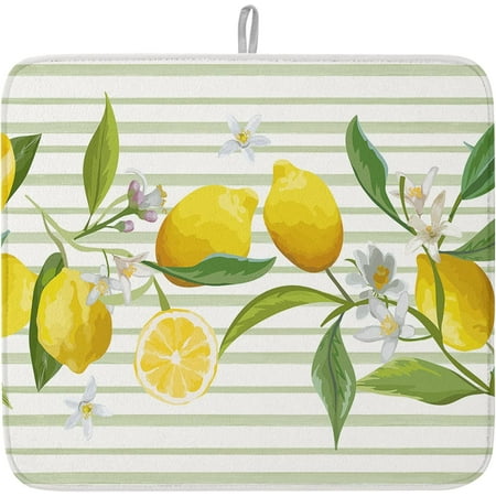 

Dish Drying Mat for Kitchen Counter Lemon Flower Leaf Drying Pad Absorbent Drying Mats for Countertops Sinks Draining Racks Green Stripes Reversible Drainer Kitchen Accessories 18x24 Inch