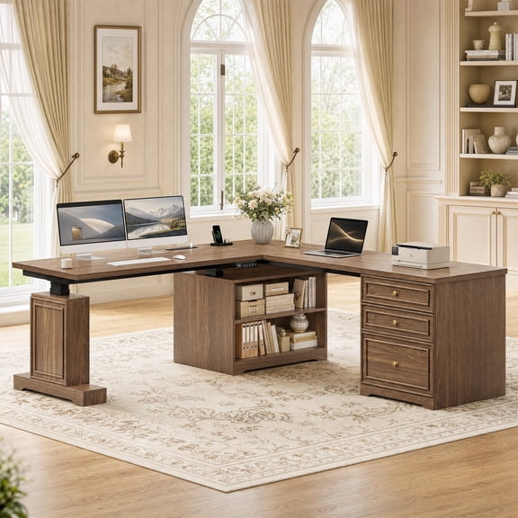 L Shaped Electric Standing Desk, 66.9" x 66.6" Height Adjustable Office Executive Desk with 3 Drawers and 2 Shelves, Standing Computer Desks with Power Outlet for Home Office, Walnut