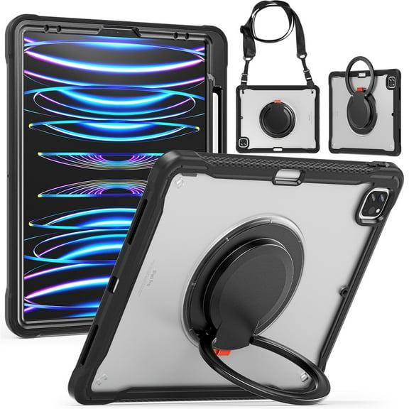 SaniMore Case for SaniMore Case for iPad Pro 12.9" 2018/2020/2021/2022, with Shoulder Strap Pencil Slot Hybird PC TPU Back Cover 360° Ratating Handle Bracket Shockproof Anti-fall Rugged Shell,Black