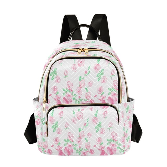 Qxltty Quilted Backpack for Women, Soft Pink Rose Print Travel Daypack with Front Pocket for Casual Daily Use