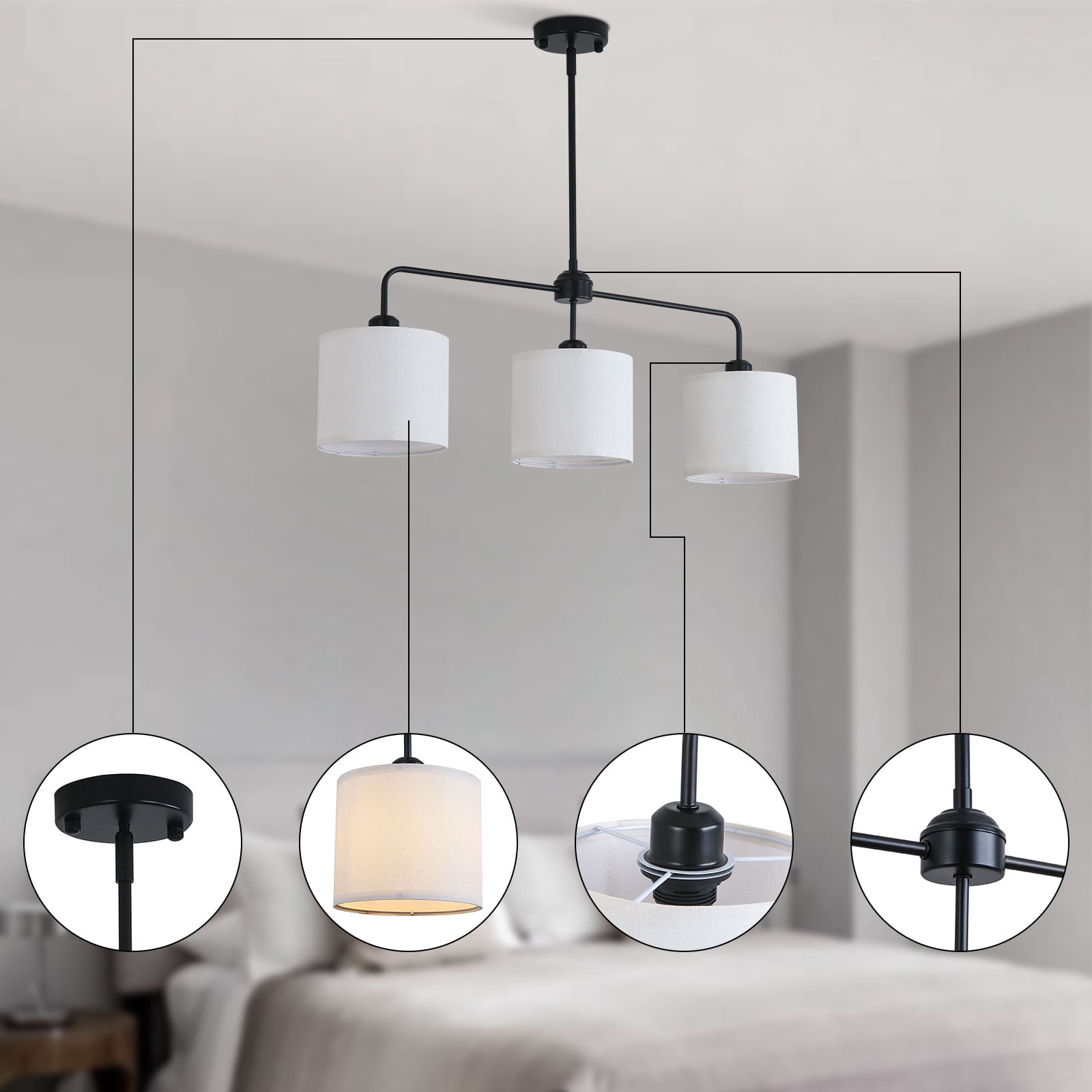 Modern Ceiling Light with White Cloth Shade, 3 E26 Bulbs for Soft, Eye-Caring Light, Ideal for Home or Office, Easy to Clean