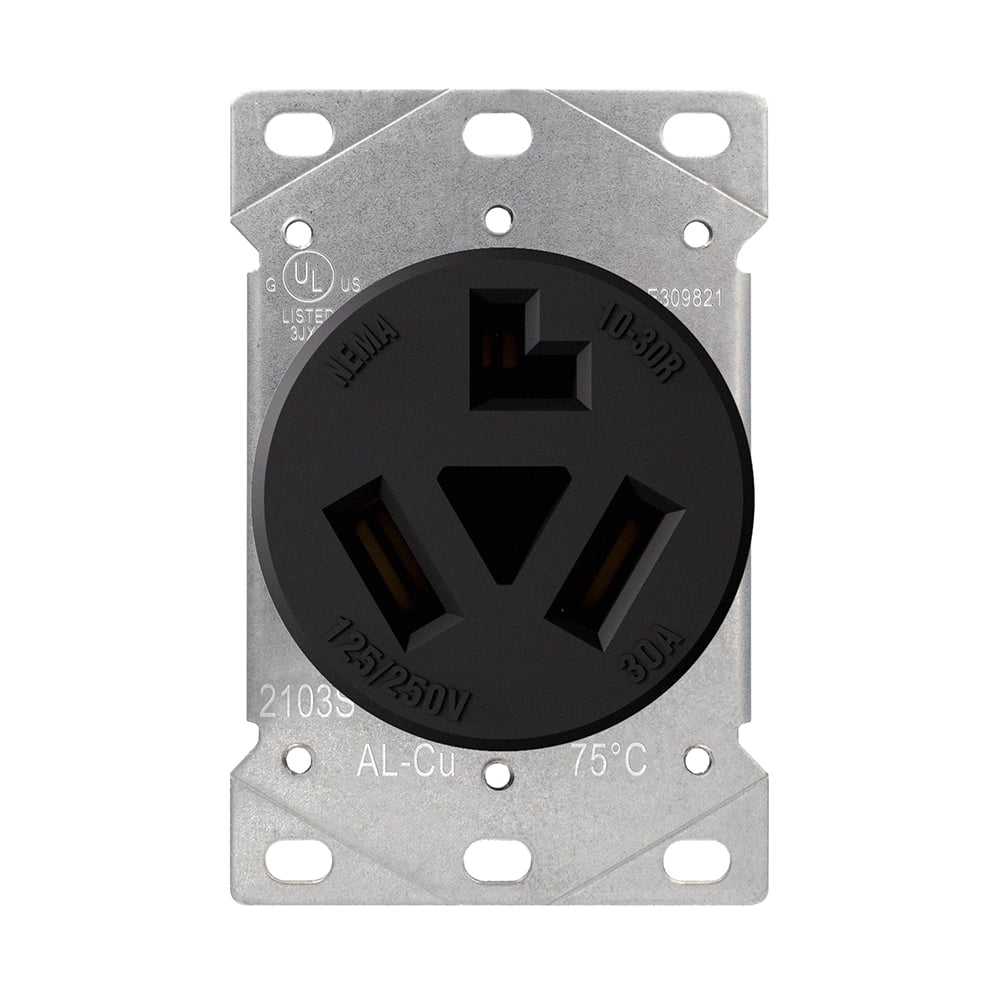 Hyper Tough Flush Mount NEMA 10-30R Dryer Outlet, 30A 125-250V, 3-Wire, Single/2-Gang Box Compatible