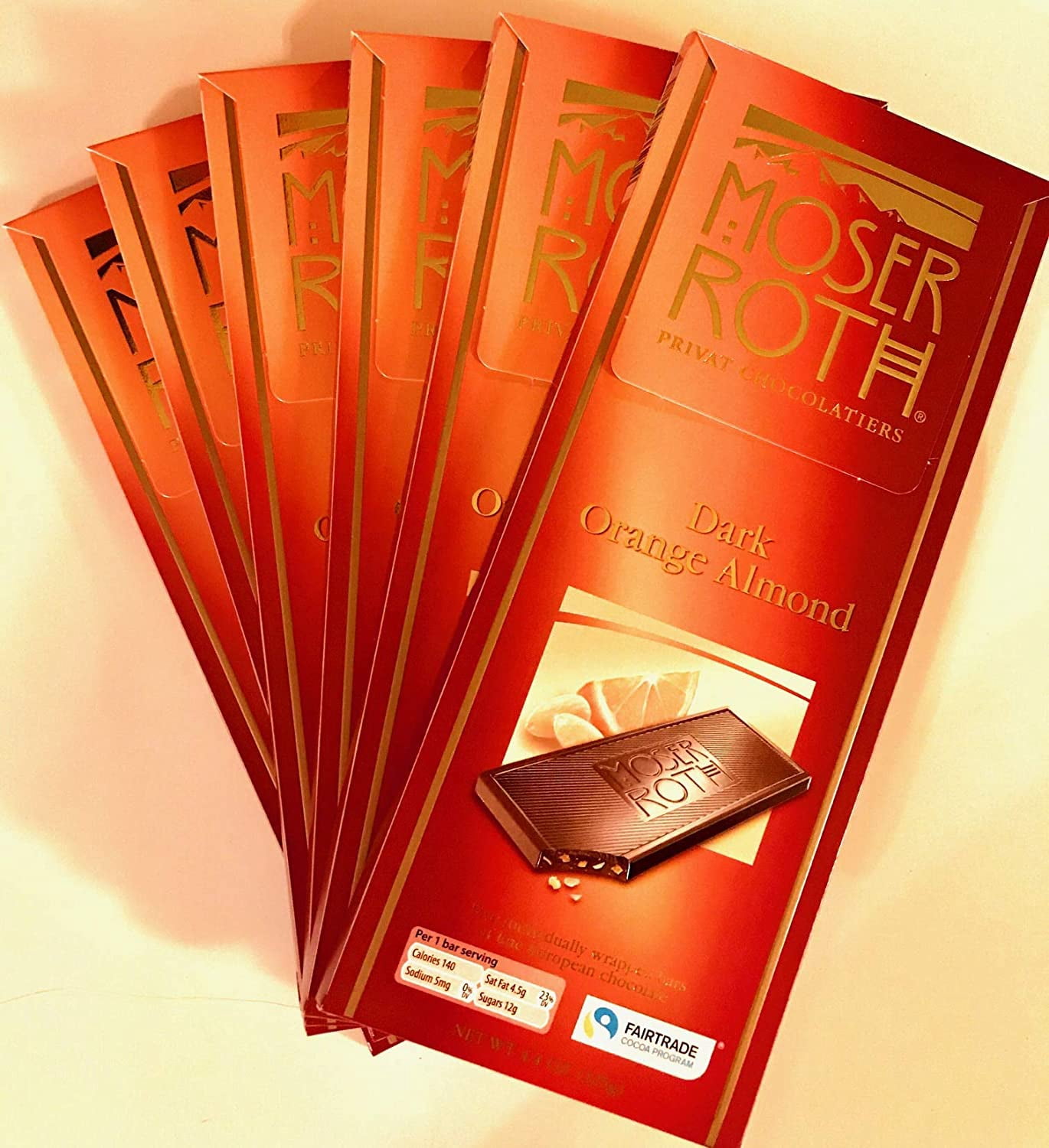6 MOSER ROTH PREMIUM CHOCOLATE "DARK ORANGE ALMOND" 5-BAR 4.4-oz PACKS