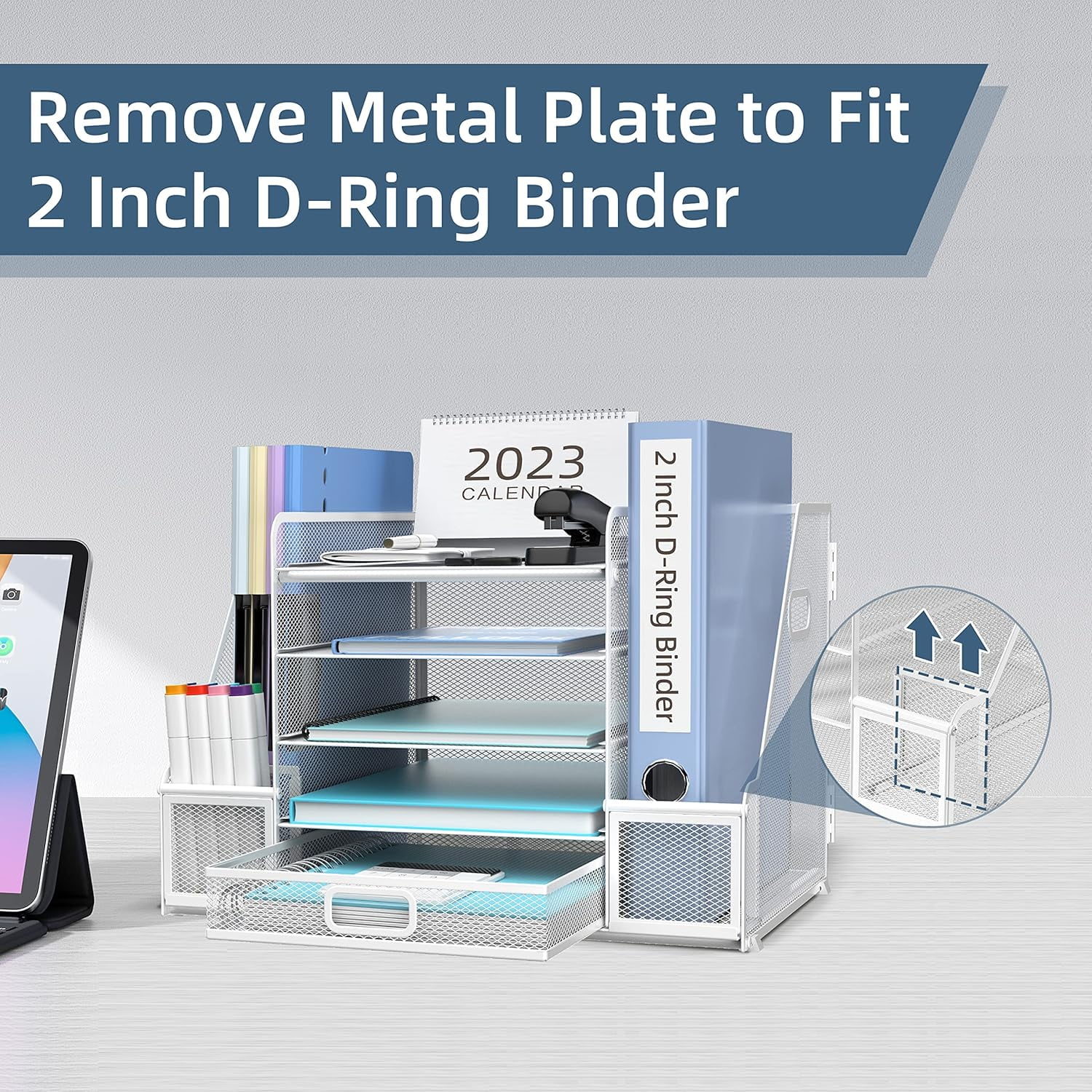 INTIGE 5-Tier Metal Mesh Desk Organizer with File Holder, Pen Holder and Drawer, White