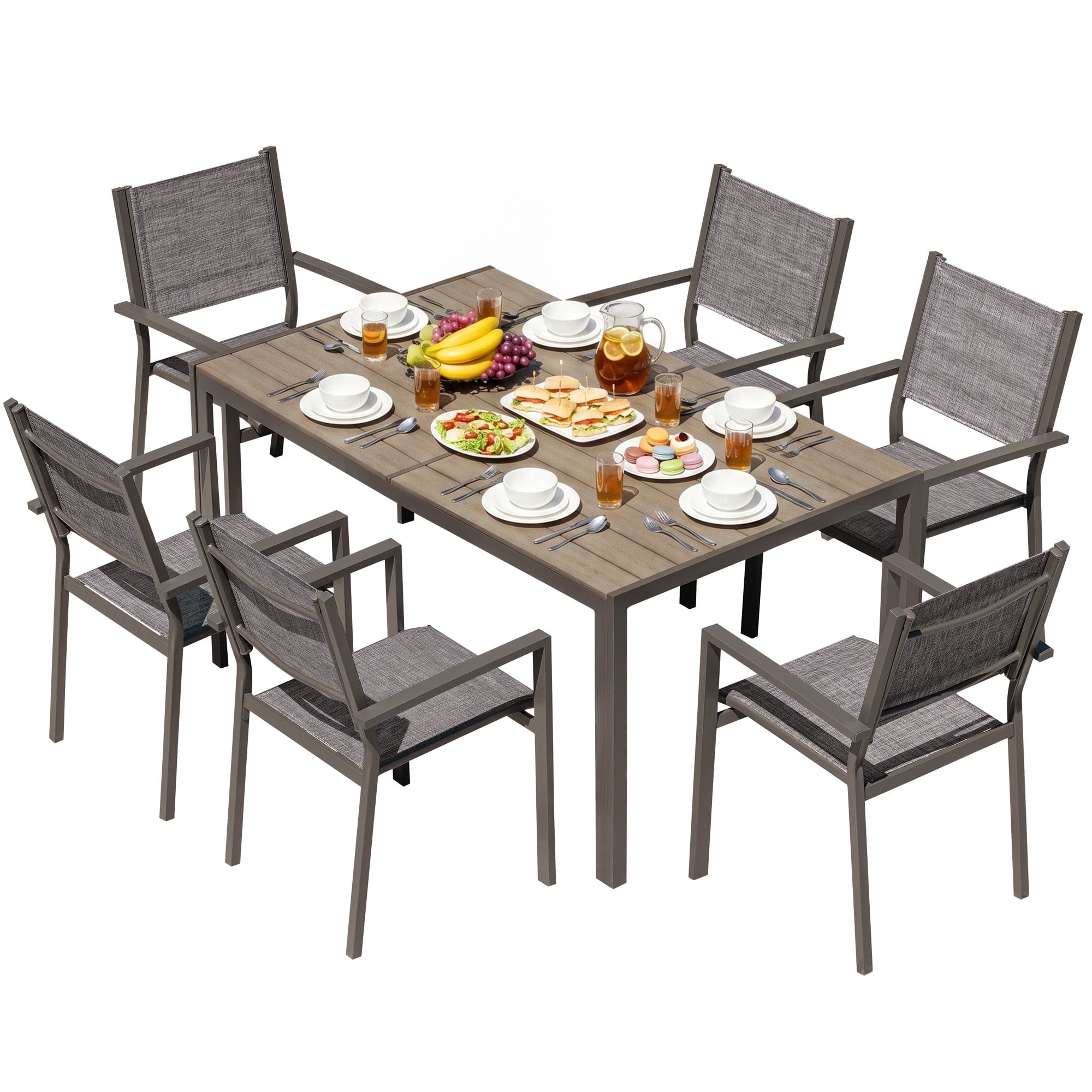 Vineego 7-Piece Outdoor Dining Set for 6, Easy-to-Store Textilene Patio Chairs Rectangular Metal Table for Backyard Garden, Gray