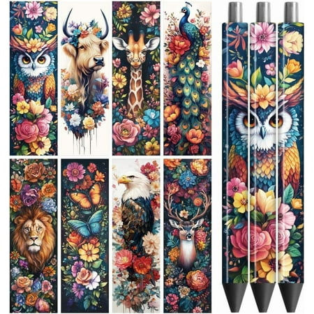 UV DTF Pen Wraps Transfer Sticker Animals and Flowers - 48pcs Waterproof HD Print UV DTF Pen Adhesive Decals for Personalized DIY Pencil Pen Decorative Crafts Gifts Giving for Mothers Day Plastic