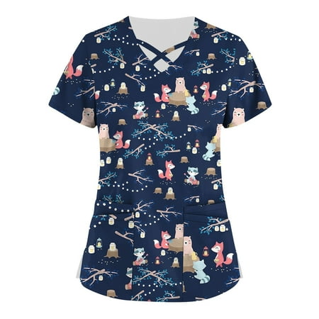 

SHUDAGENG Womens Tops Plus Size Cute Printed Scrub Working Uniform Tops for Womens Cross V Neck Short Sleeve Fun T-shirtss Workwear Tee with Pockets Navy XL