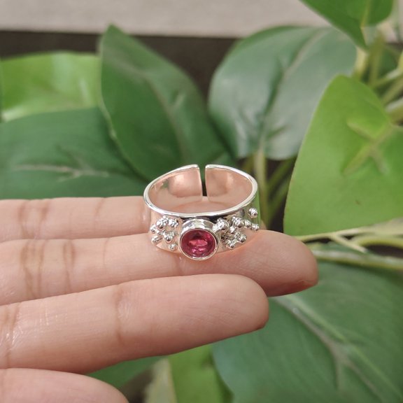 Red Quartz Adjustable Textured Red Ring One Micron Silver Plated Minimalist Jewelry