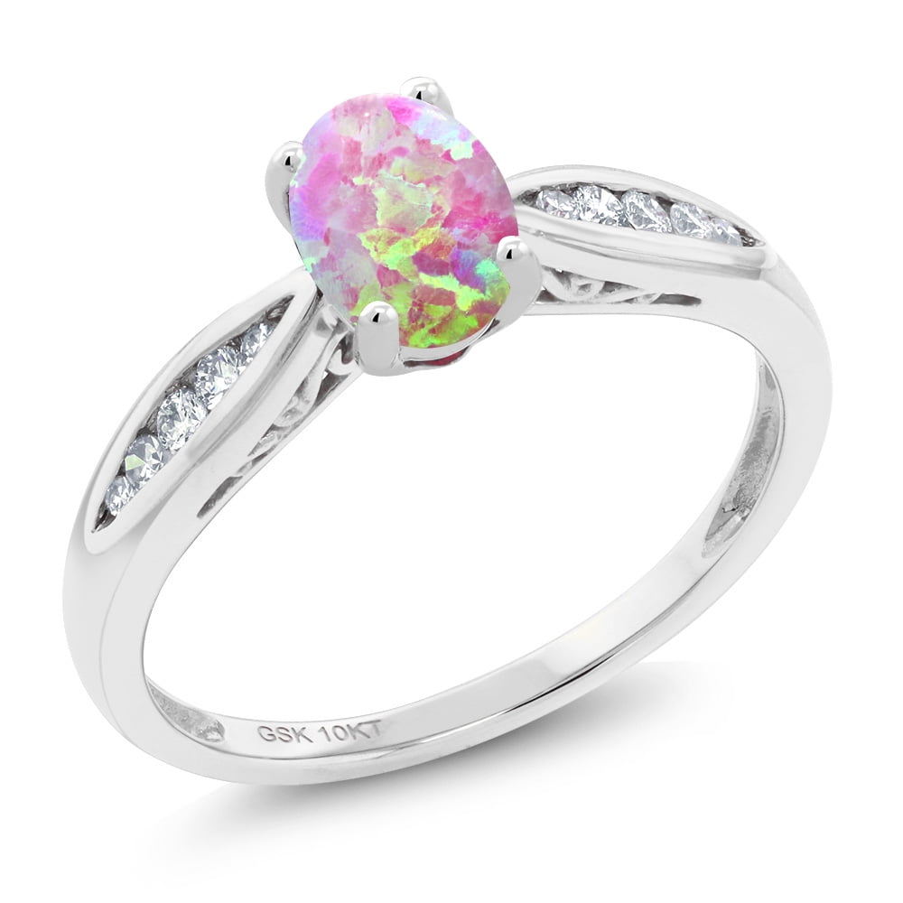 10K White Gold 0.70 Ct Cabochon Pink Simulated Opal and Diamond Engagement Ring by