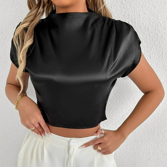 Qulqfy Work Blouses for Women Black Cropped Satin Silk Petite T-Shirt Short Sleeve Shirt Womens Trendy Tops L