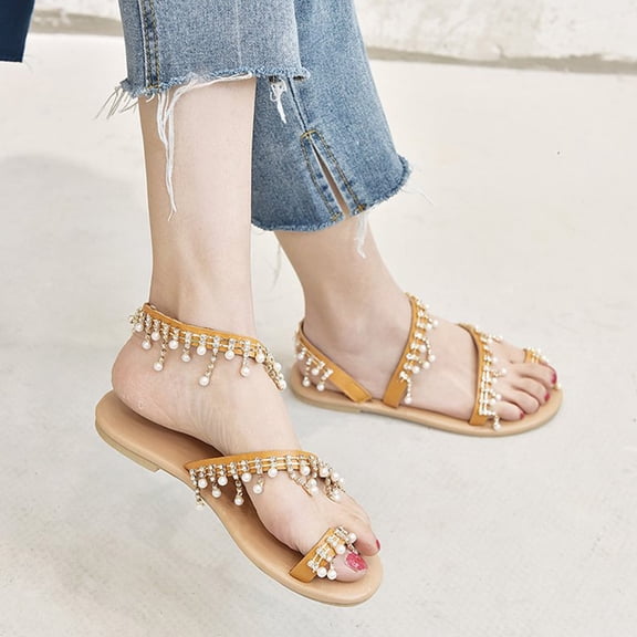 BESTYASH 1 Pair Handmade Beaded Sandals for Women Brown Flat Lightweight Comfortable Footwear