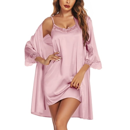 Avidlove Womens Robe Sets Sleepwear Satin Silk Sexy Nightgown with Bathrobes Lightweight Lingerie Dress Bride Robes Set Knee Length