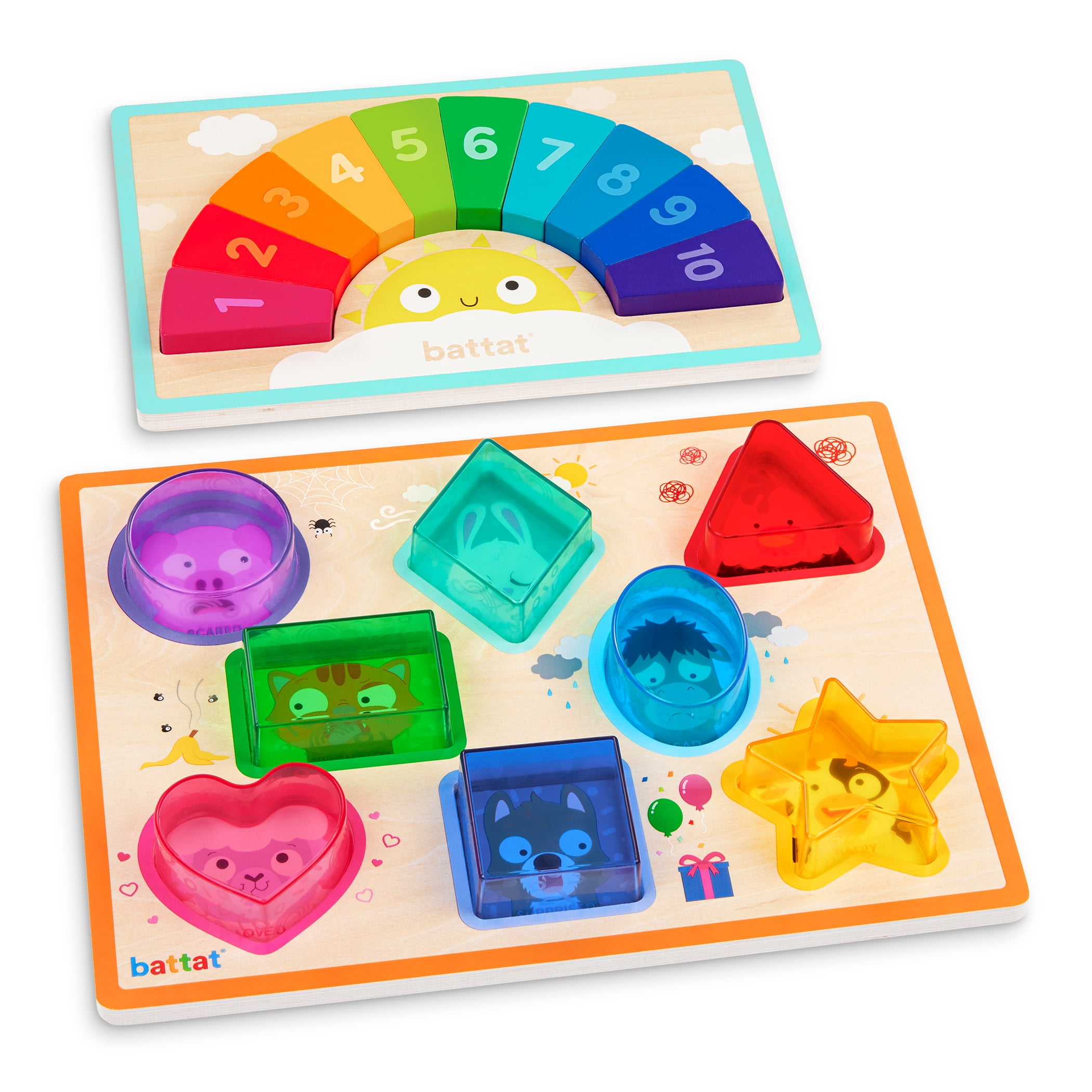 Battat Puzzle Pals Duo Wooden Colors, Shapes, and Feelings Puzzles Set for 18 Months +