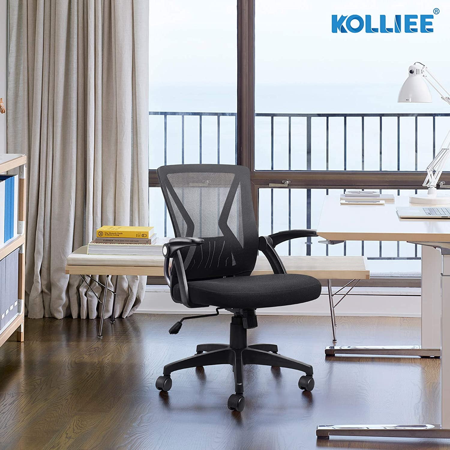 KOLLIEE Mid Back Mesh Office Chair Ergonomic Swivel Black Mesh Computer  Chair Flip Up Arms with Lumbar Support Adjustable Height Task Chair