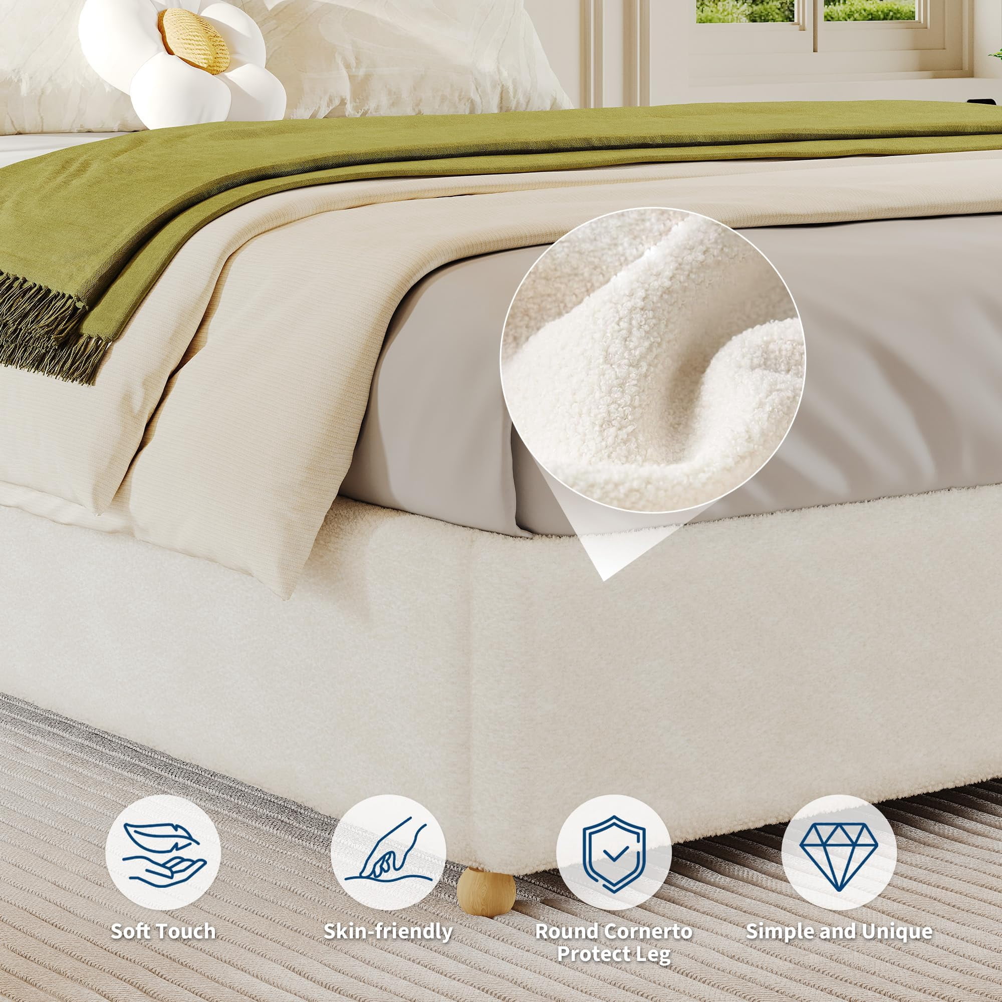 FULL Cloud Bed Frame. Teddy Fleece Upholstered Platform Bed with  Wood Legs, No Box Spring, Easy Assembly