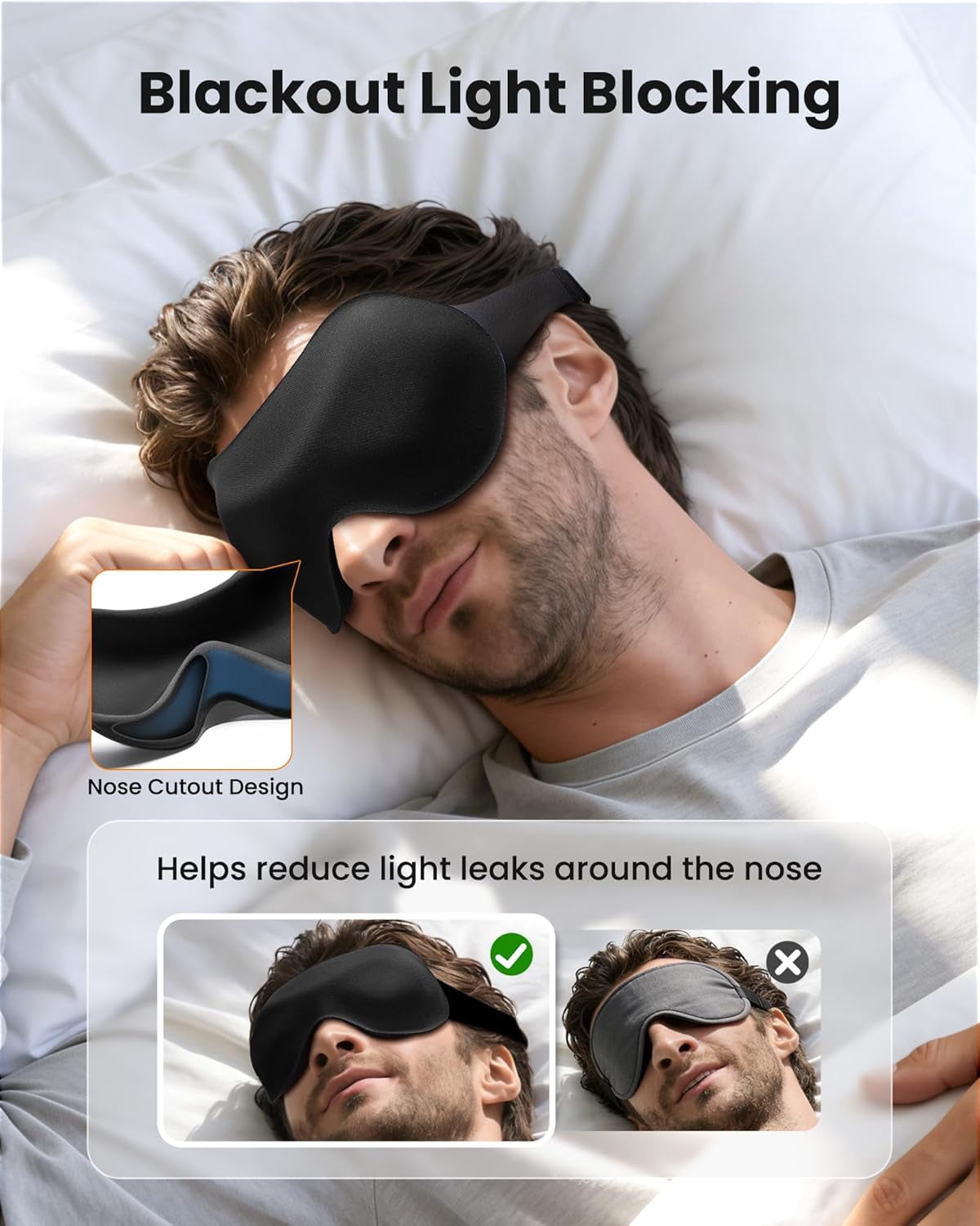 Eye Mask Sleep, Weighted Blackout Mask with Zero Eye Pressure, 3D Contoured Design, Soft Comfortable Fabric, Stable Wraparound Strap for Night Sleep, Travel, Meditation, for Women and Men