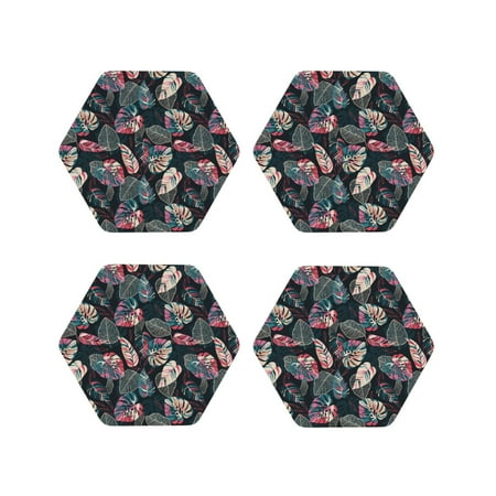 

Pofeuu Colorful Tropical Leaves Print Coasters for Drinks 4Pack PU Leather Coasters Bar Drink Coasters for Tabletop Protection Furniture from Damage-Hexagon