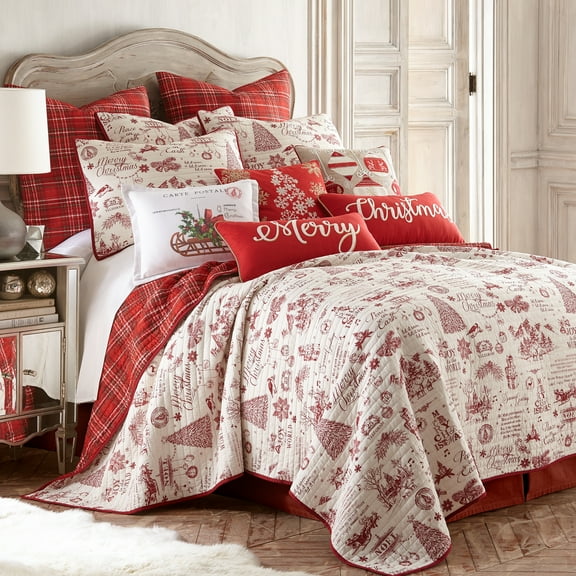 Levtex Home Yuletide Red Cream Christmas Holiday Script Cotton King Quilt - Reversible