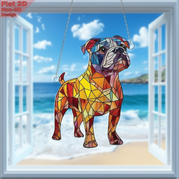 Colorful Bulldog Window Hanging Acrylic Decor, Flat 2D Sun Catcher Ornament, Vibrant Stained Glass Dog Art, Pet Lover Gift, Unique Dog Window Accent for Home, Artistic Pet Decor