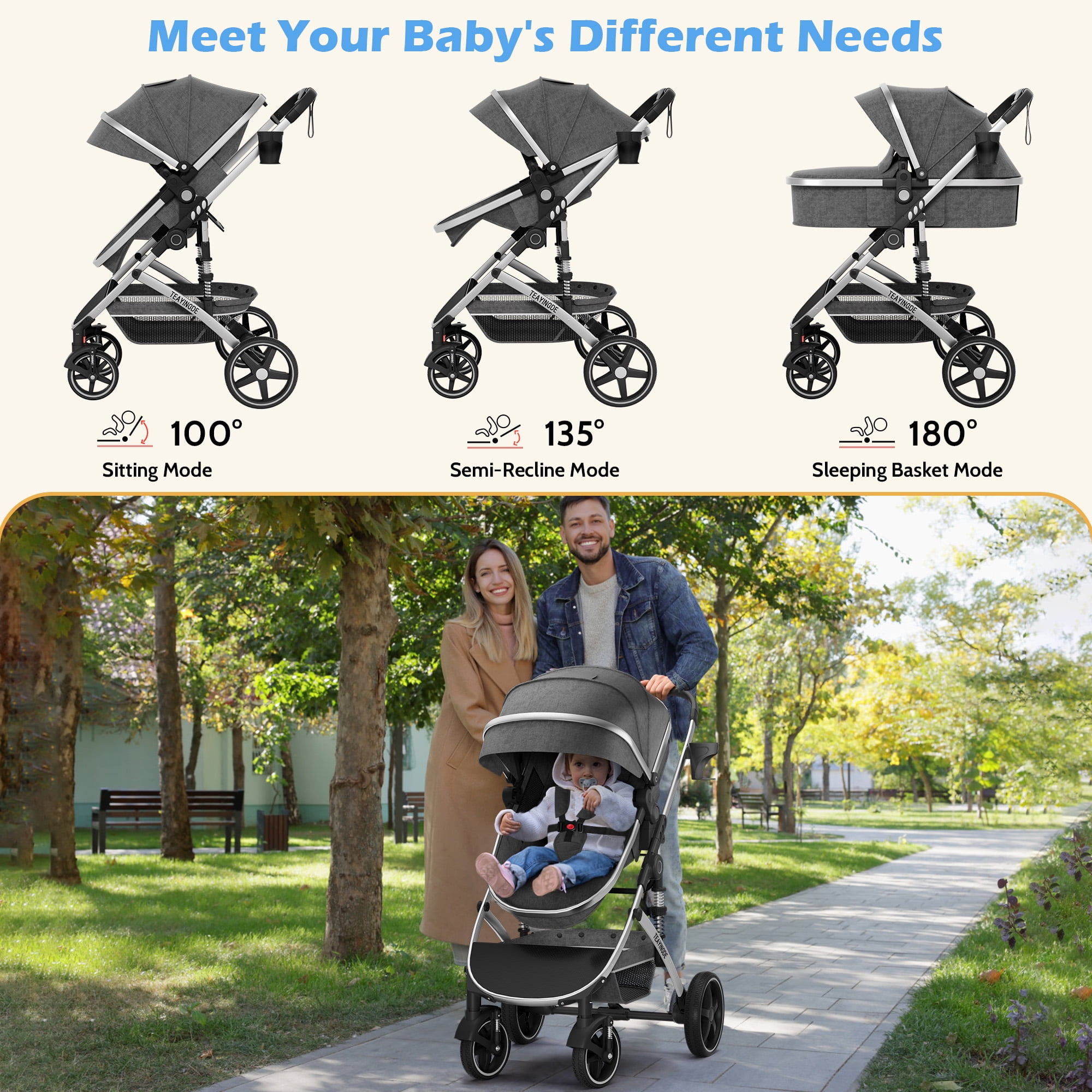 babyeap 2 in 1 Baby Stroller,Foldable Lightweight Carriage Reversible Bassinet Pram for Toddler,Travel Stroller with with Cup Holder、Storage Bag,Gray