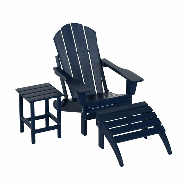 WestinTrends Malibu Outdoor Lounge Chairs, 3-Pieces Adirondack Chair Set with Ottoman and Side Table, All Weather Poly Lumber Patio Lawn Folding Chair for Outside Pool Garden Backyard, Navy Blue