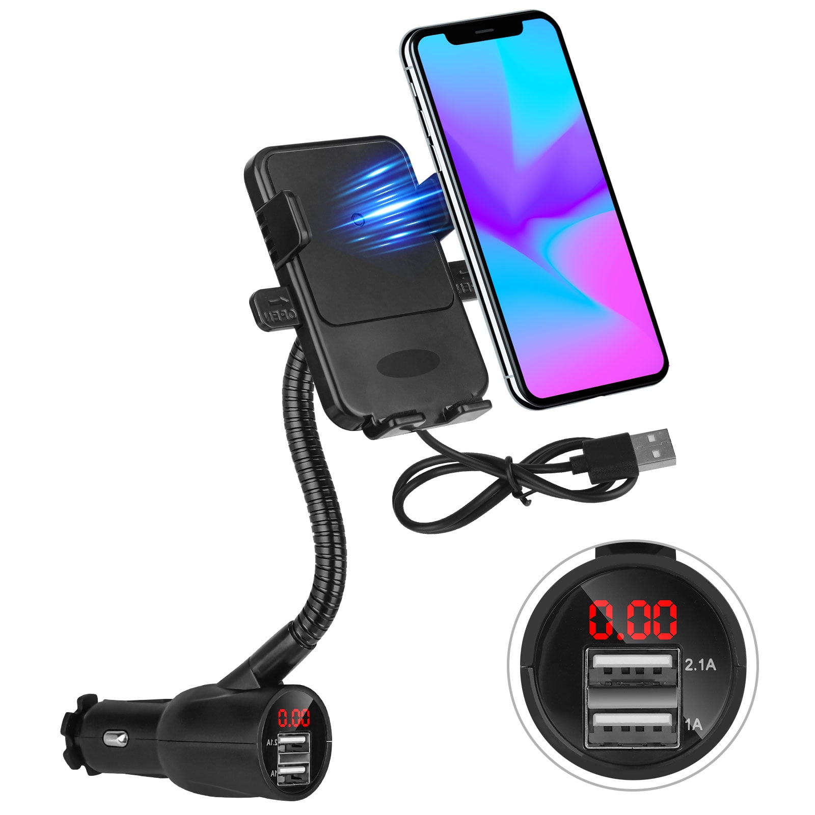 Car Wireless Fast Cellphone Charging Stand QI Charger Mount With Micro USB Cable