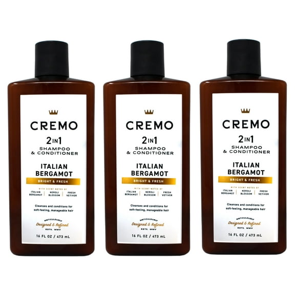 3 Pack - Cremo Italian Bergamot 2 in 1 Shampoo & Conditioner for Men, Notes of Italian Bergamot, Neroli Blossom, and Fresh Vetiver, 16 Fl Oz